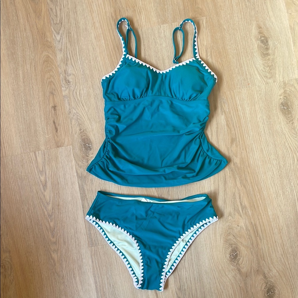 Cupshe Teal Swim Set with White Stitching NWT